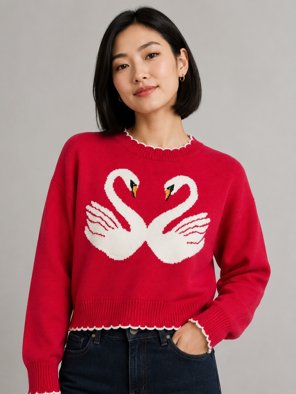 NWT Luna Ivy Red Swan Knit Pullover Sweater - Scalloped Trim size M